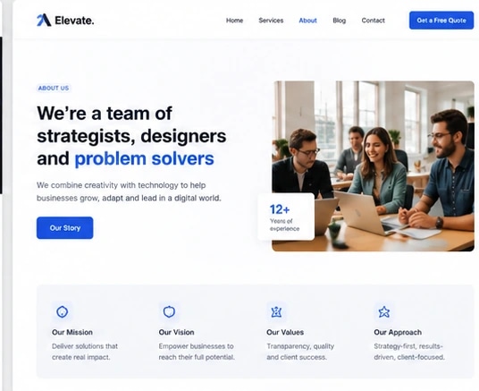 Professional business website about page design mockup