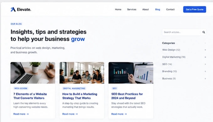 Professional business website blog page design mockup