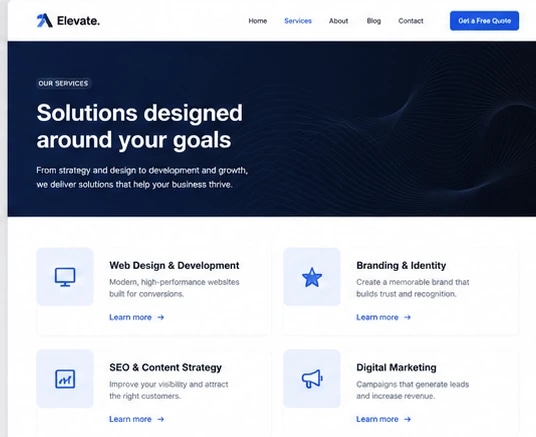 Modern business website services page design mockup